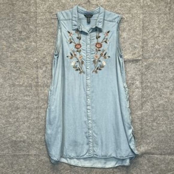 TERRE BLEUE Women’s Sleeveless Dress XL Blue Embroidered Floral Button Front - Picture 1 of 11